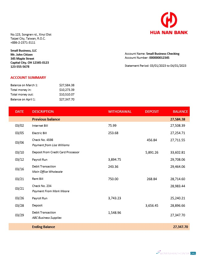 Download Hua Nan Financial Holdings firm bank statement Word and PDF template Photoshop template
